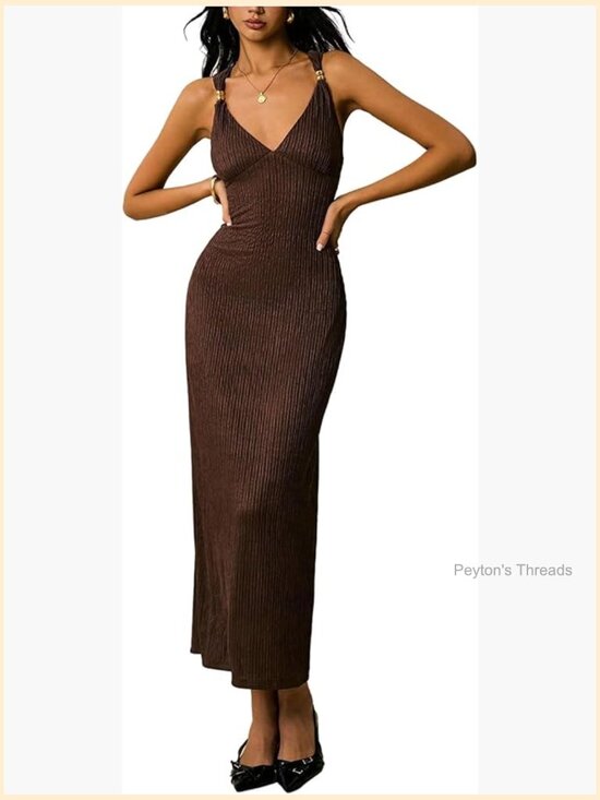 Dresses & Skirts - Backless V-Neck Bodycon Maxi Dress with Cap Sleeves